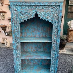 Vintage Style Book Shelf, Carved Wooden Cabinet, Rustic Blue boho Book Shelf, Distressed Finished Indian Cabinet for Living Room Storage