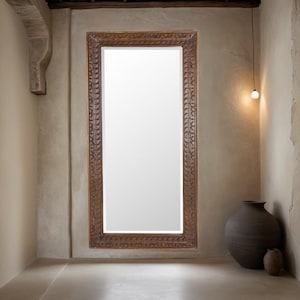 Arch Mirror, Indian Mirror, Carved Wooden Wall Mirror, Distressed Mirror, Floral Carved Mirror, Farmhouse Mirror, Rustic Brown Wood Mirror