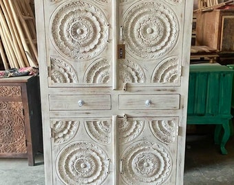 Wooden Armoire, Antique Style Armoire for Boho Home, Vintage Inspired Carved Storage Armoire in Rustic White Colour