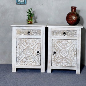 Boho Bed Side Table, Indian Furniture Bedside Table, Vintage Inspired Furniture, Wooden Night Stand, Rustic White Storage Side Table