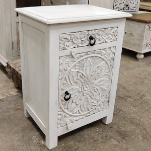 Boho Bed Side Table, Indian Furniture Bedside Table, Vintage Inspired Furniture, Wooden Night Stand, Rustic White Storage Side Table
