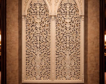 Panel arquitectónico de pared tallado a mano – Gran pieza decorativa de 2,13 m / Arte mural de lujo con valor patrimonial / Decoración artesanal / Arte indio en madera