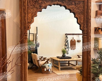 Full Length Mirror, Antique Style Large Mirror, Rustic Brown Mirror, Wooden Wall Mirror, Jharokha Mirror, Indian Mirror, Farmhouse Mirror