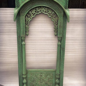 The Mehrana Vintage Inspired Jharokha Mirror, Indian Wooden Wall Decor Frame, Rustic Mirror for Home, Distressed Green Finish Wall Frame