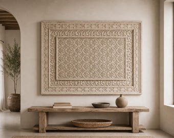 Painel de parede de madeira, peça decorativa de parede em madeira entalhada, painel decorativo boho intrincado, arte de parede mogol, decoração de parede para hall de entrada, decoração de teto de madeira