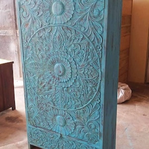 Wooden Armoire, Antique Style Armoire for Boho Home, Vintage Inspired Carved Storage Armoire in Rustic Blue Colour