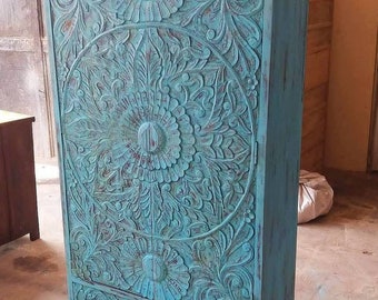 Wooden Armoire, Antique Style Armoire for Boho Home, Vintage Inspired Carved Storage Armoire in Rustic Blue Colour