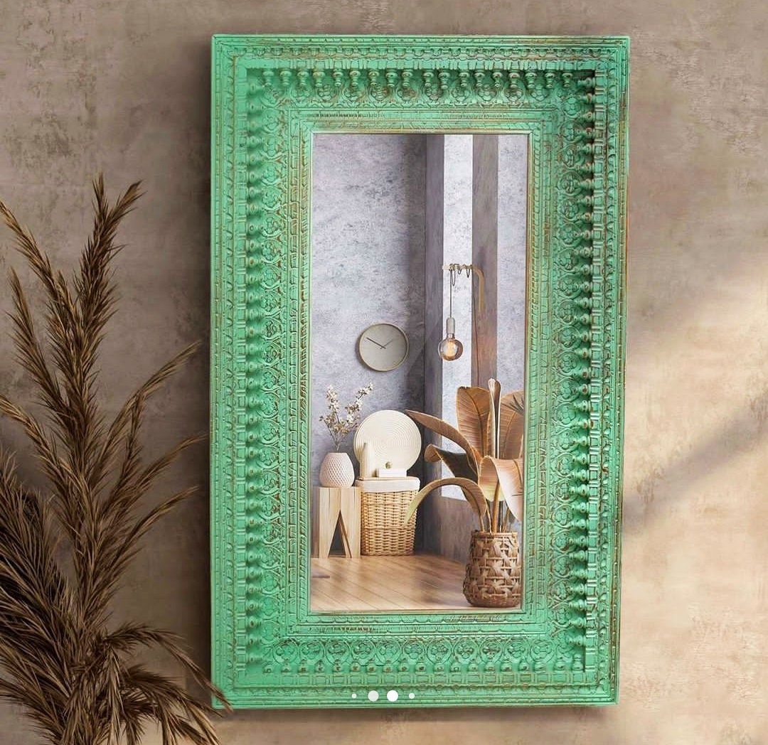 Boho Mirror, Carved Wood Wall Mirror, Rustic Green Mirror, Statement ...