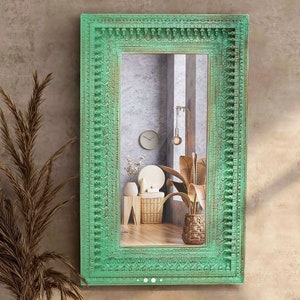 Boho Mirror, Carved Wood Wall Mirror,  Rustic Green Mirror, Statement Mirror, Farmhouse Mirror Wall Decor, Indian Furniture, Bathroom Mirror