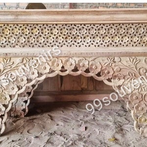 Antique Inspired Wood Console for Bohemian Home, Vintage Style Carved Indian Console in Natural Wood Finish, Living Room Statement Console