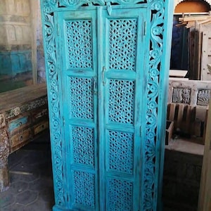 Wooden Armoire, Antique Style Armoire for Boho Home, Vintage Inspired Carved Storage Armoire in Rustic Blue Colour