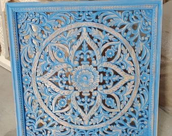Wooden Wall Panel, Carved Indian Wall Art, Distressed Blue Wall Decor, Antique Inspired Wall Hanging, Living Room Wall Panel, Mandala Panel