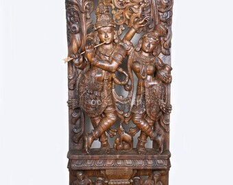 Krishna Wooden Wall Art Sculpture, South Indian Carved Krishna Radha Wall Decor, Vintage Style Wooden Indian God Sculpture, Entryway Sculptu