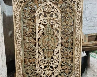 Vintage inspirierte indische Wandverkleidung, geschnitzte hölzerne Wandverkleidung, rustikales antikes Finish Jaali Filigree, das Wandbehang für Wohnzimmer schnitzt