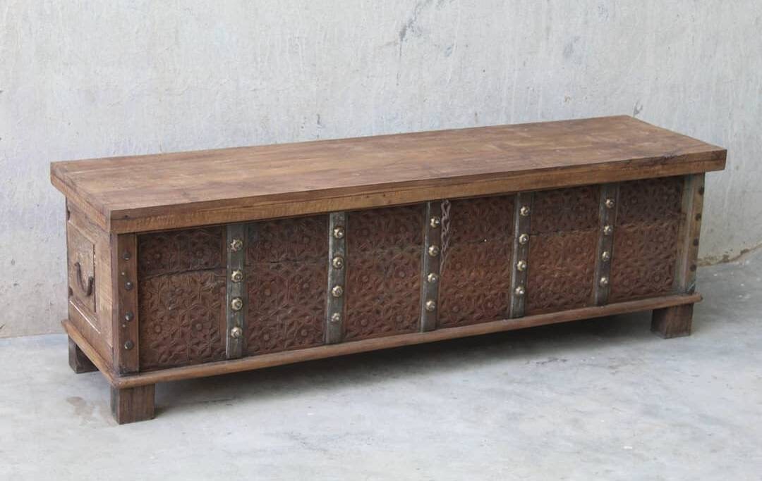 Vintage Style Indian Trunk, Carved Storage Box, Indian Damchiya, Wooden ...