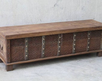 Vintage Style Indian Trunk: Carved Mango Wood Storage Box