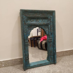 The Gulmohar Indian Rustic Floral Mirror, Carved Wooden Wall Mirror, Distressed Blue Finish Wall Frame, Vintage Inspired Barn Mirror