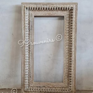 Rustic Mirror, Indian Vintage Style Carved Wooden Wall Frame, Distressed White Brown Rustic Barn Mirror, Farmhouse Mirror Wall Decor