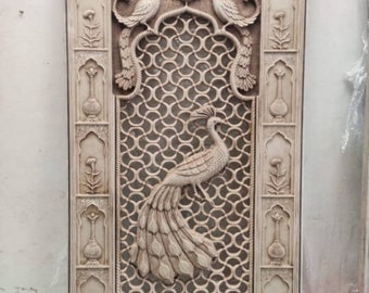 The Lodhi Antique Marble Jaali Art, Boho Decor, Mughal Wall Art, Intricately HandCarved Indian Peacock Marble Wall Panel, Large Marble Decor