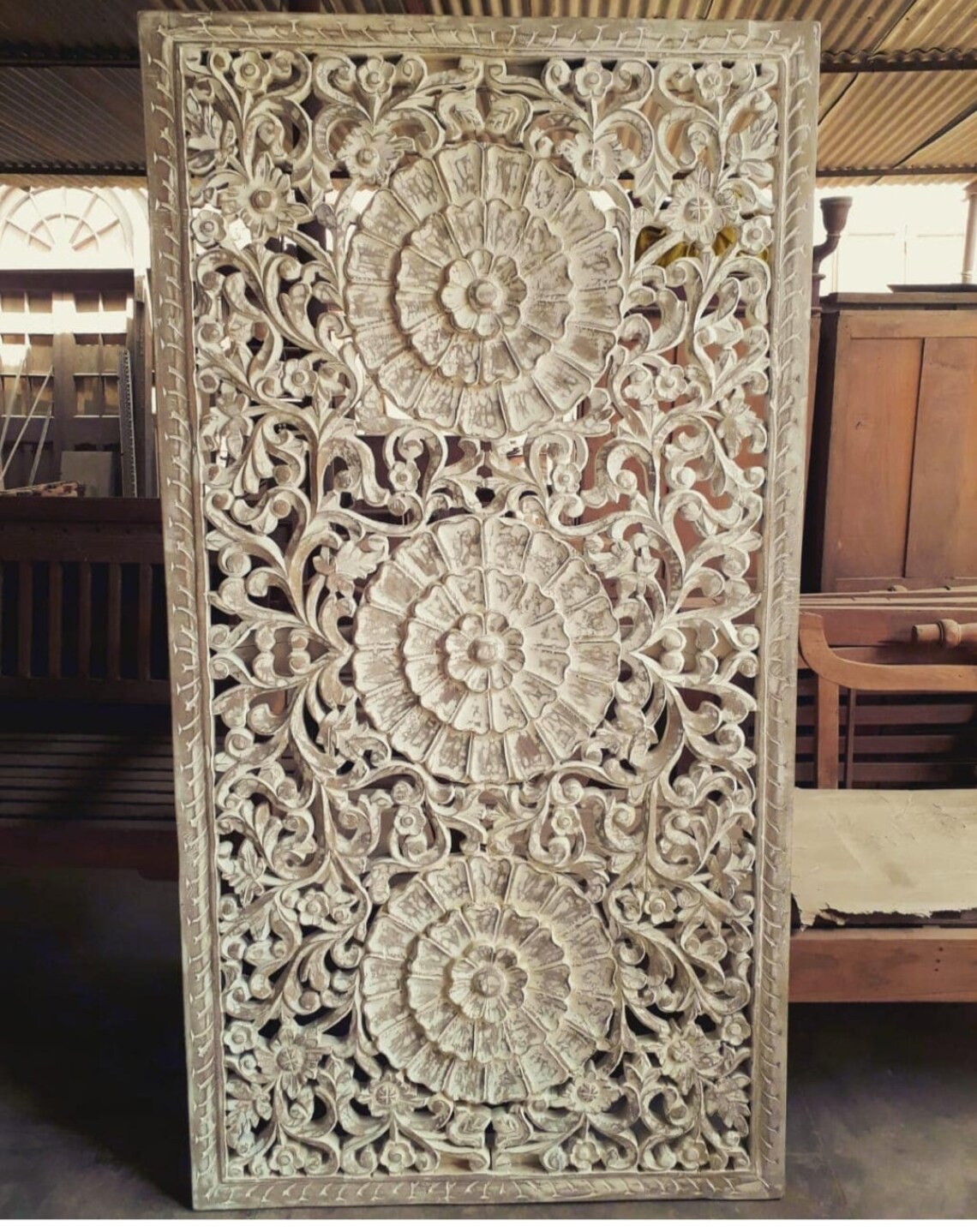 Boho Wall Panel, Large Wooden Wall Hanging, Carved Rustic White Wall ...