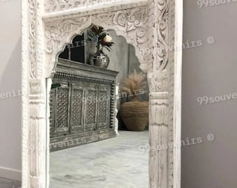 Bohemian Rustic Mirror, White Wooden Wall Mirror, Indian Arch Mirror, Statement Mirror, Vintage Inspired Home Mirror