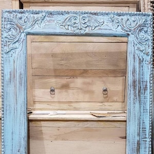 Rustic Wood Mirror, Solid Wooden Wall Mirror, Vintage Style Rustic Blue Mirror for Bathroom Walls, Farmhouse Mirror, Barn Mirror Wall Decor
