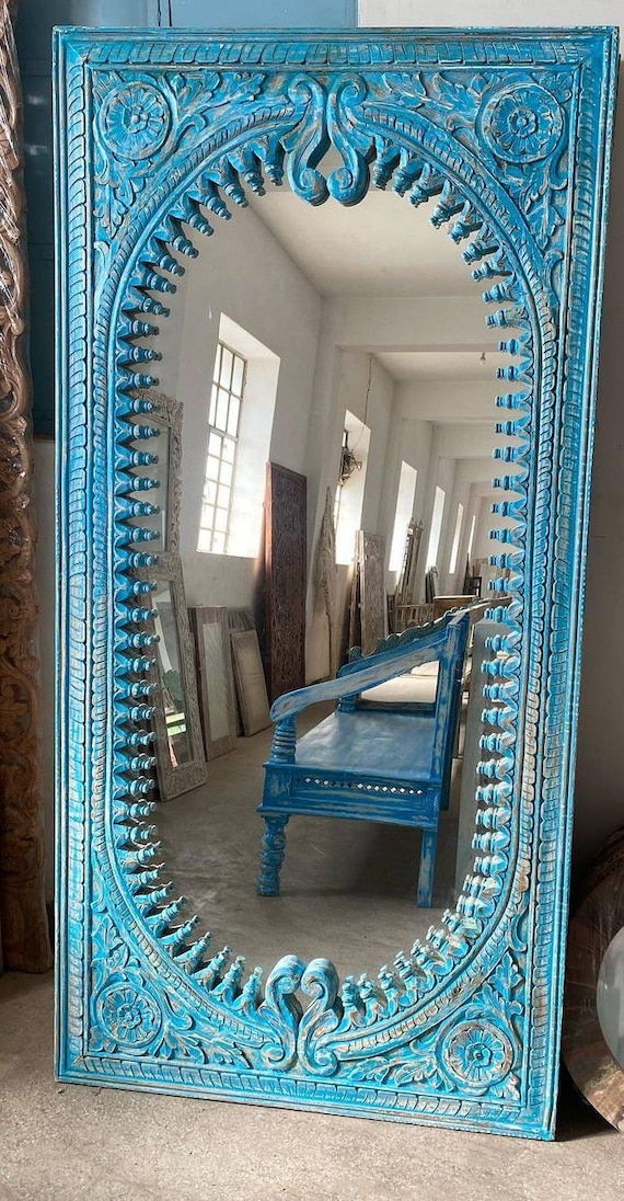 Carved Mango Wood Painted Mirror - Antique Blue Carved Mango Wood Painted Mirror - Antique Blue