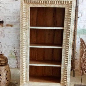 Vintage Style Book Shelf, Carved Wooden Cabinet, Rustic White Book Shelf, Distressed Finished Boho Indian Cabinet for Living Room Storage