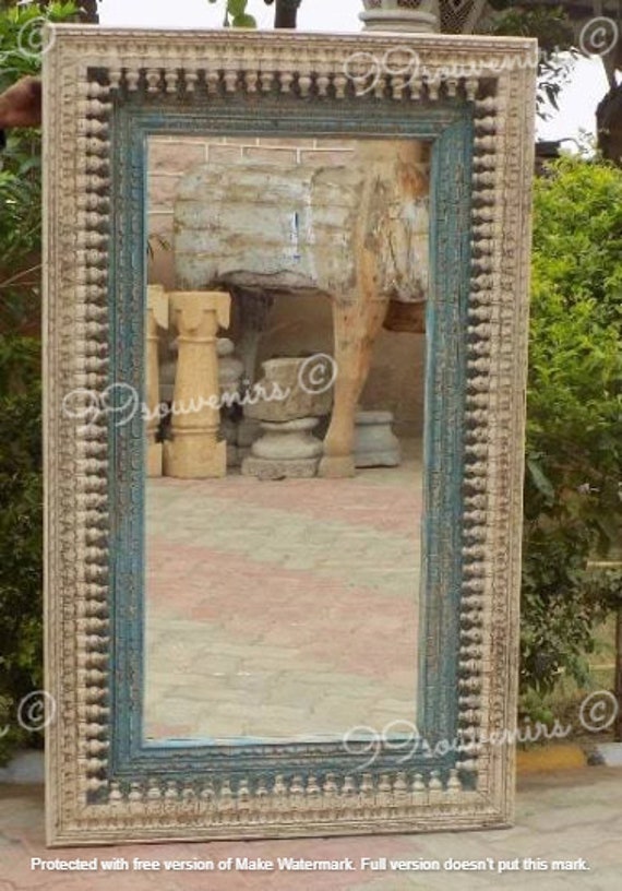 Specchio da parete lungo, specchio in legno di ispirazione vintage  intagliato, specchio con finitura blu marrone invecchiato per il bagno,  specchio unico per il soggiorno -  Italia