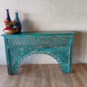 Antique Inspired Wood Console for Bohemian Home, Vintage Style Carved Indian Console in rustic blue Finish, Living Room Statement Console