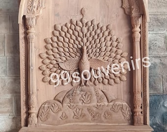 Indian Mandir Wall Hanging, Peacock Carved Large Wall Panel, Wooden Wall Hanging, Boho Decor Panel, Mughal Style Wall Art, Big jharokha Deco