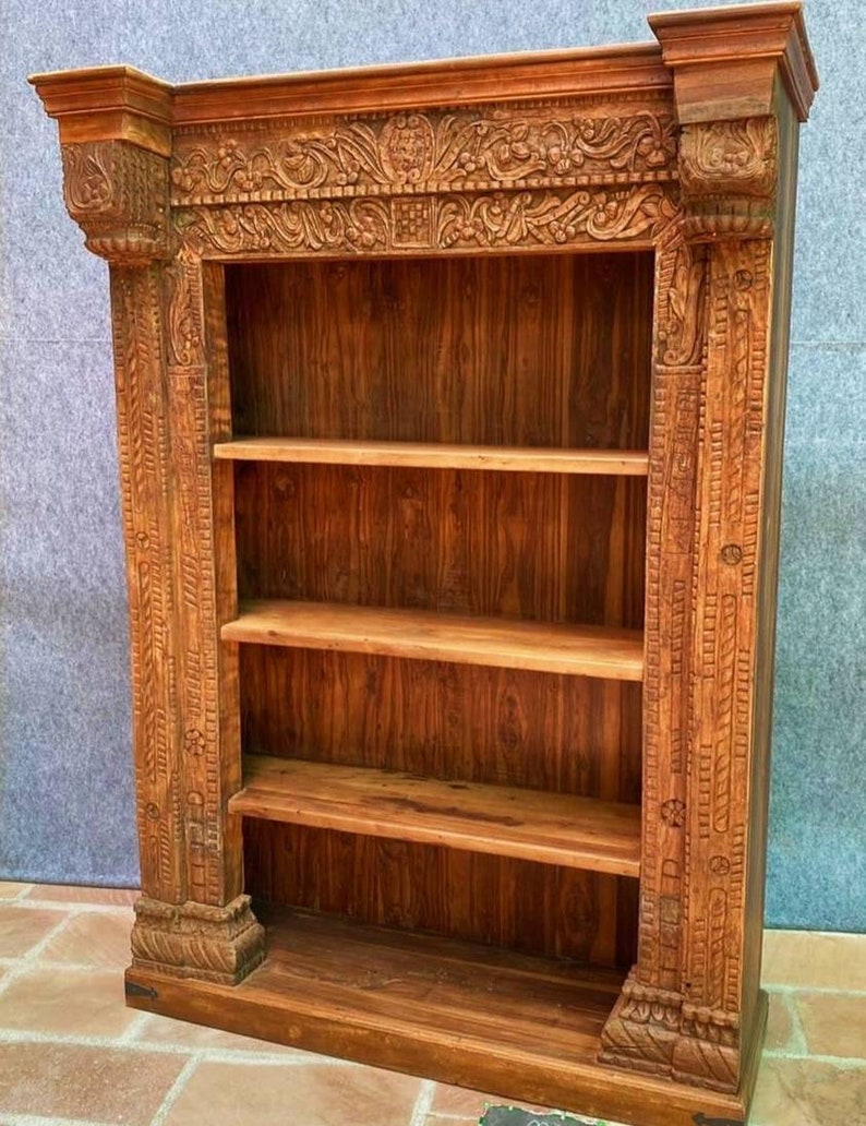 Vintage Style Book Shelf Carved Wooden Rustic Brown Etsy