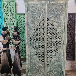 Wooden Armoire, Antique Style Armoire for Boho Home, Vintage Inspired Carved Storage Armoire in Rustic White Green Colour