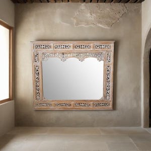 Arch Mirror, Indian Mirror, Carved Wooden Wall Mirror, Distressed Mirror, Floral Carved Mirror, Farmhouse Mirror, Rustic Natural Wood Mirror