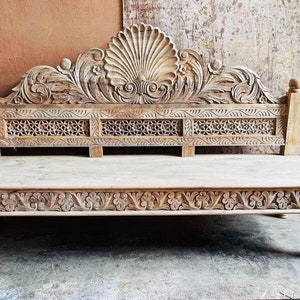 Vintage Style Indian Day Bed, Carved Wooden Love Seat, Intricate Carvings and Mughal Style Day Bed, Bohemian Furniture, Garden Day Bed