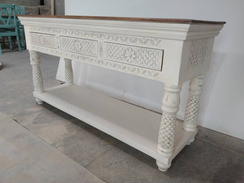 Vintage Style White Console Table Wooden Rustic White Etsy