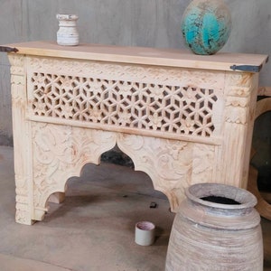 Vintage Inspired Console Table, Wooden Rustic Console, Carved Indian Console, Intricate Entryway Decor, Bleached Finish Console