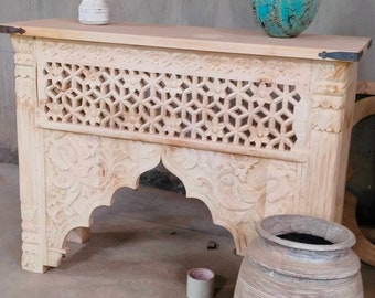 Carved Mango Wood Console Table: Bleached Rustic Indian Entryway Decor