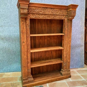 Vintage Style Book Shelf, Carved Wooden Cabinet, Rustic Brown Book Shelf, Distressed Finished Boho Indian Cabinet for Living Room Storage