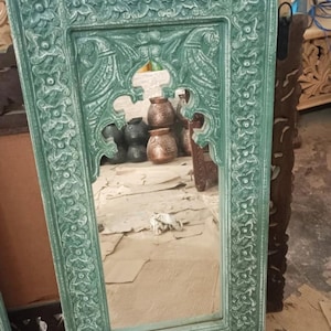 Art deco Mirror, Vintage Inspired Mirror, Indian Carved Wooden Wall Mirror, Distressed Green Mirror for Living Room Wall, Barn Mirror