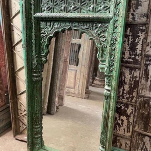 The Drishta Indian Mirror, Distressed Green Finish Solid Wooden Mirror, Carved Antique Inspired Indian Mirror, Bohemian Wall Mirror