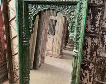 The Drishta Indian Mirror, Distressed Green Finish Solid Wooden Mirror, Carved Antique Inspired Indian Mirror, Bohemian Wall Mirror