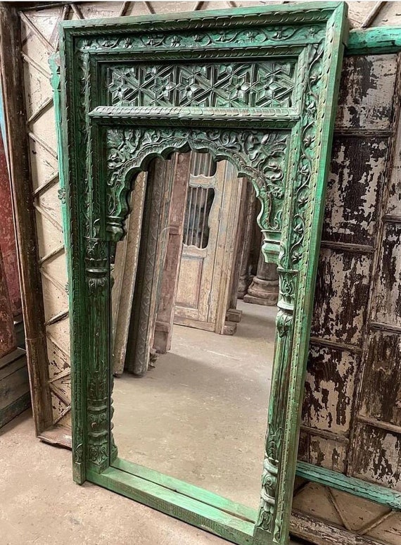 The Drishta Indian Mirror Distressed Green Finish Solid Etsy