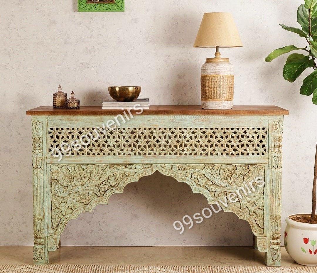 Boho Vintage Style Console, Indian Carved Wooden Console, Intricate ...
