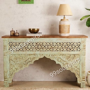 Boho Vintage Style Console, Indian Carved Wooden Console, Intricate Floral Design Rustic Green Entryway Console Table