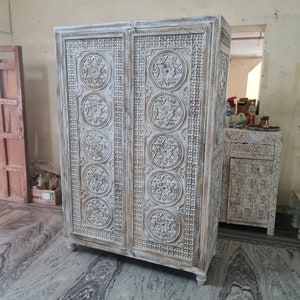 Wooden Armoire, Antique Style Armoire for Boho Home, Vintage Inspired Carved Storage Armoire in Rustic White Colour