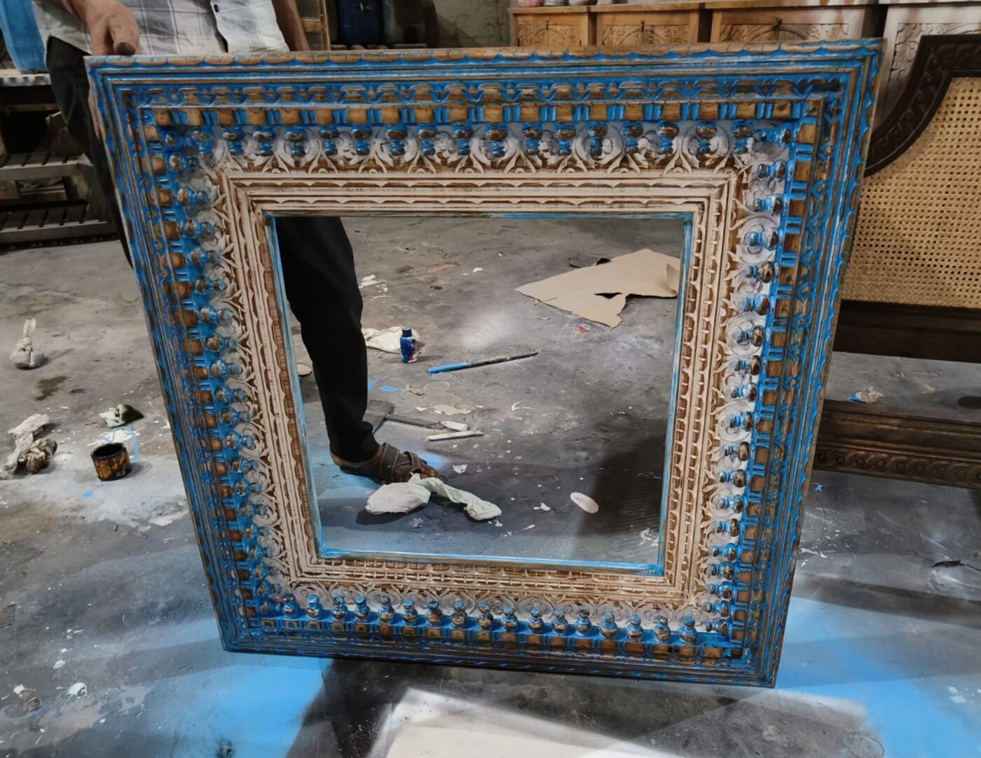 Square Wall Mirror, Rustic Blue Wooden Mirror for Table, Indian Furniture, Mirror Frame for Home, Living Room Mirror, Farmhouse Mirror