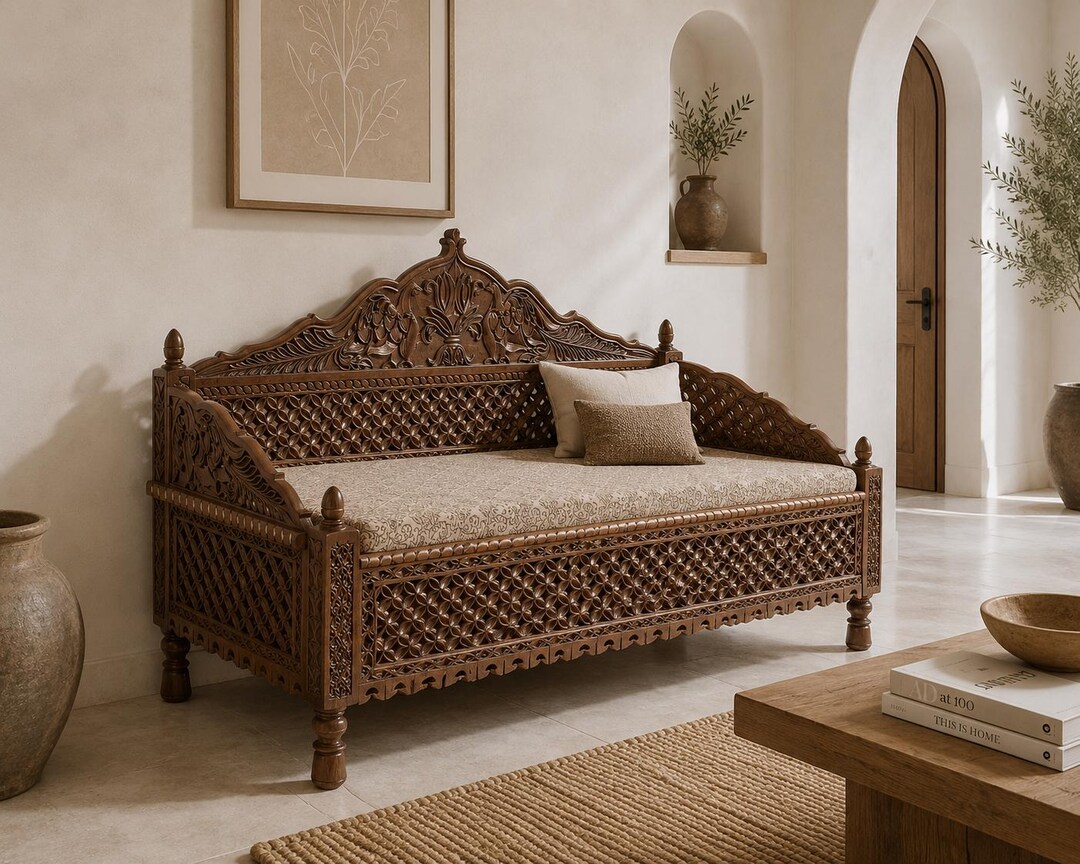 Vintage Style Indian Day Bed Carved Wooden Love Seat Intricate Vintage Style Indian Day Bed Carved Wooden Love Seat Intricate