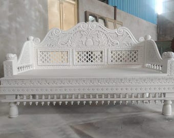 Vintage Style Day Bed, Indian Day Bed, Carved Wooden Love Seat, Carved Mughal Style Day Bed, Bohemian Furniture, Garden Day Bed