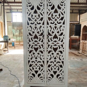 Wooden Armoire, Antique Style Armoire for Boho Home, Vintage Inspired Carved Storage Armoire in Rustic White Colour
